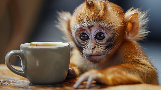 A small monkey sits at an office desk with a coffee cup nearby, portraying a whimsical scene of a curious primate in a human workspace setting