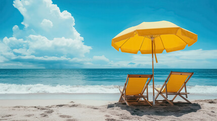 Two beach loungers under a striking yellow beach umbrella, set against the backdrop of a tranquil beachscape