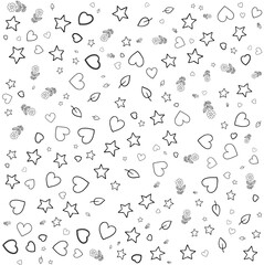 linear seamless pattern. heart, stars, circles and flower