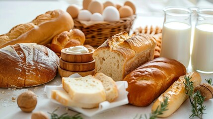 Nutritious Breakfast Essentials - Milk and Bread on White Background, Healthy Food Concept