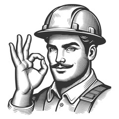 Obraz premium construction worker with a helmet making an okay gesture, safety and approval sketch engraving generative ai fictional character vector illustration. Scratch board imitation. Black and white image.
