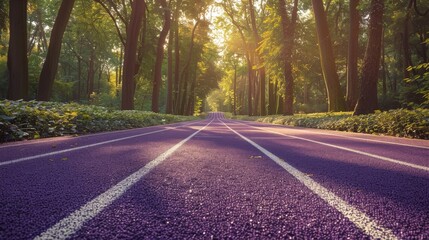 Obraz premium A sunny scene surrounded by purple running tracks and green trees