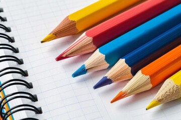 Obraz premium Close-up of colorful pencils arranged on a spiral notebook with graph paper