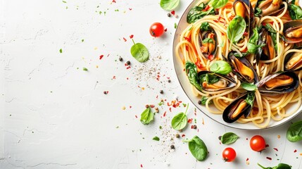 Smoked mussel and spinach spaghetti on white background with space for text