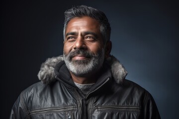 Obraz premium Portrait of a joyful indian man in his 50s sporting a quilted insulated jacket isolated on bare monochromatic room