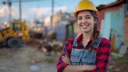Confident Female Construction Worker in Plaid Red Shirt and Denim Overalls, Smiling with Arms Crossed, Wearing Yellow Helmet, Construction Site in Background