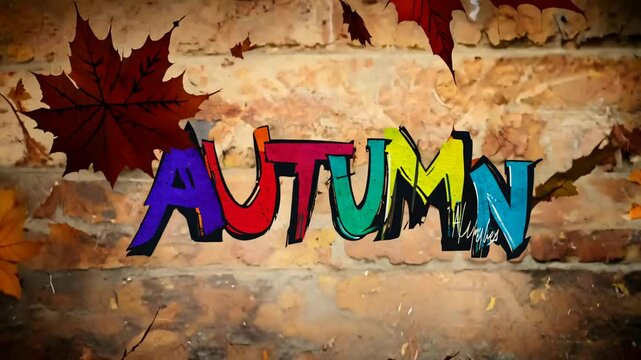 秋のグラフィティ「AUTUMN」：レトロなレンガ壁