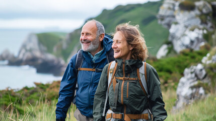 A happy middle aged couple hiking on a coastal path