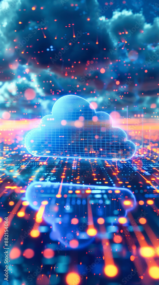 Poster blue abstract cloud data hologram. cloud storage and computing concept.