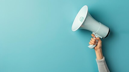 A human hand holding a sleek, modern megaphone with a solid blue backdrop and ample copy space