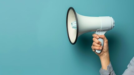 A human hand holding a sleek, modern megaphone with a solid blue backdrop and ample copy space