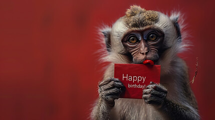 A small monkey joyfully presents a "happy birthday" card against a vibrant red backdrop, capturing a whimsical and celebratory moment, perfect for greeting cards and festive designs