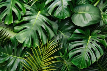 Tropical leaves Monstera and palm tree leaf. Flat lay, top view