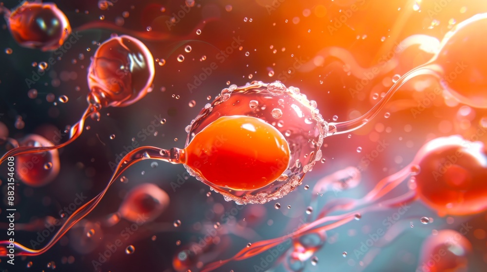 Poster abstract depiction of fertilization process, microscopic view of sperm and egg fusion. ai-generated 