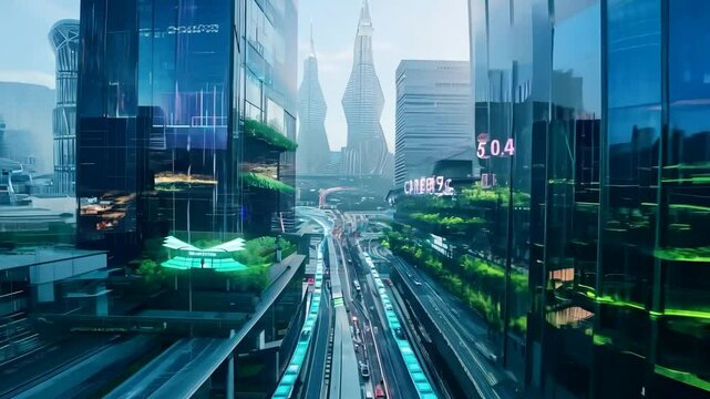 未来都市の風景：緑とテクノロジーが調和する街並み