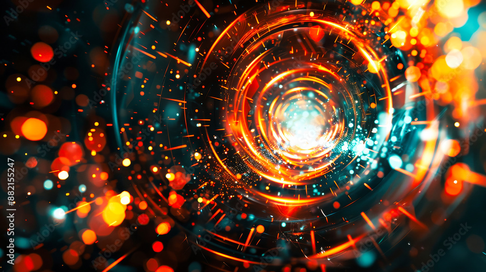 Poster digital background featuring an abstract, digital space with glowing lights and futuristic elements