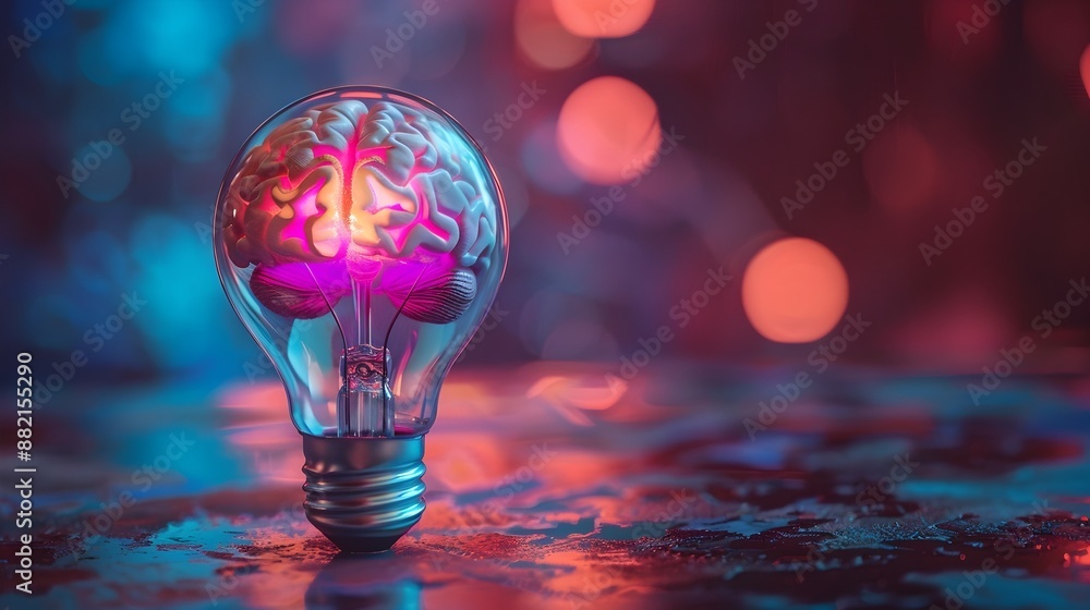 Poster glowing brain lightbulb symbolizing creativity and innovation in science and technology