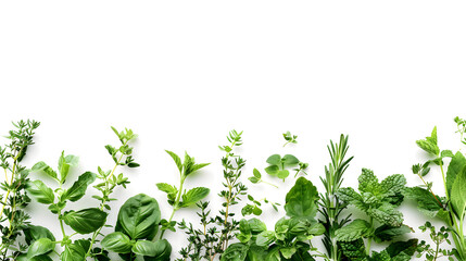 Obraz premium vibrant assortment of fresh herbs,meticulously arranged,showcases their natural beauty. Bright green basil leaves,with their sweet and spicy aroma,sit alongside fragrant rosemary sprigs.Delicate thyme