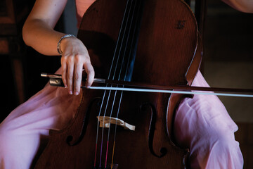 Dettaglio di donna con vestito colorato che suona viola. 