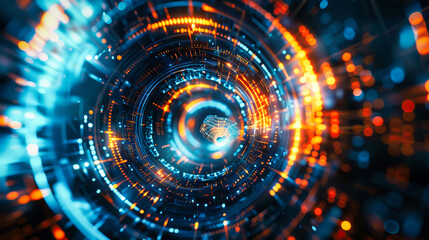 Obraz premium Abstract futuristic digital background with circular elements and glowing lights