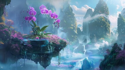 Chinese art style creative design with an Orchid in a mystical floating island, creating an illustration template with an ethereal touch