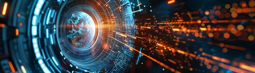 Fototapeta premium Concept of a tech startup rocketing to success, rapidly speeding up business growth, in a hitech style with HUD hologram elements, showcasing innovation