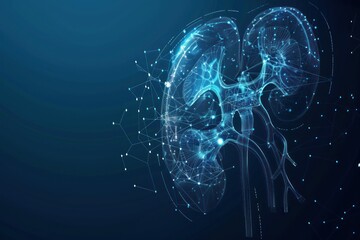 Obraz premium wireframe low poly kidney organ on dark blue background, radiology and medicine, innovation and medical