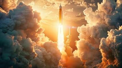 Rocket launch with smoke and clouds