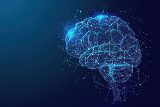 wireframe low poly brain on dark blue background, radiology and medicine, innovation and medical