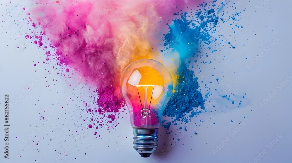 Poster exploding color light bulb - vibrant abstract creative idea