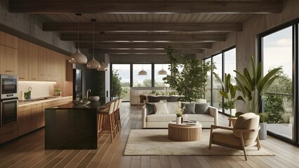 Modern home interior design with eco-friendly materials like bamboo flooring, recycled glass countertops, and low-voc paints.