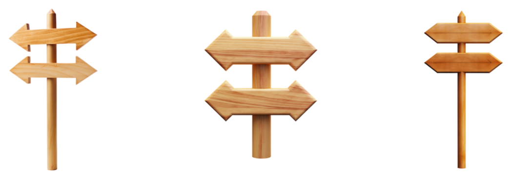 Wooden Direction Sign with Arrows on Transparent Background