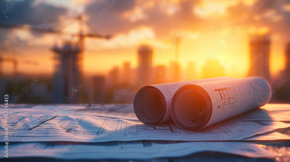 Poster architecture blueprints with rolled up papers on construction site