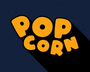 Long shadow text effect creative pop corn typography design for wall art in yellow and dark blue color style. Lettering vector illustration. Suitable for decoration, poster and banner.