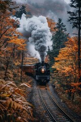 Captured in the heart of autumn, a vintage steam locomotive with a trail of smoke journeys through a picturesque forest adorned with vibrant fall foliage