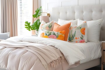Cozy Bedroom Decor with Plush Pomelo Patterned Pillows for a Serene and Elegant Ambiance