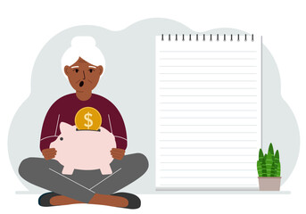 A woman sits cross-legged with a piggy bank in his hands. Nearby is a large sheet of paper for planning income and expenses. Vector flat illustration
