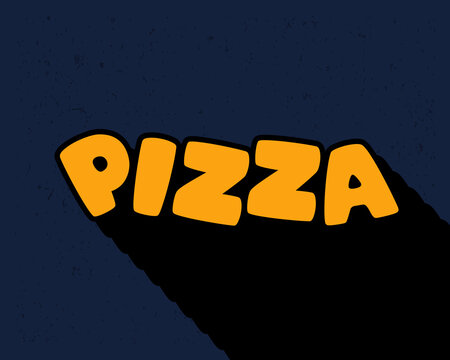 Long shadow text effect creative pizza typography design for wall art in yellow and dark blue color style. Lettering vector illustration. Suitable for decoration, poster and banner.