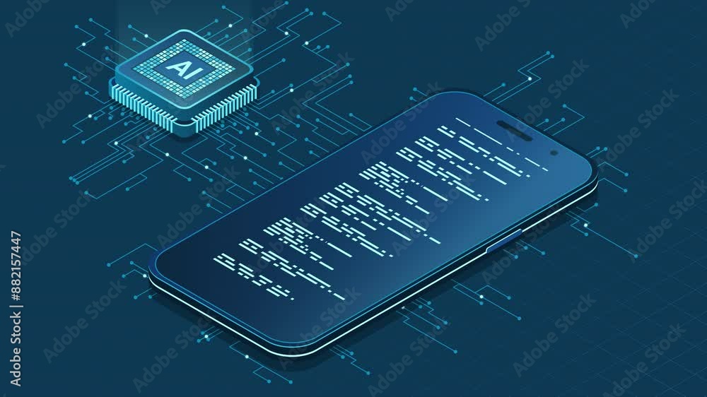 Poster isometric smartphone with ai animation. artificial intelligence and smartphone concept. smartphone w