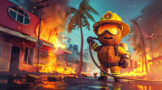 Coconut character as a firefighter, holding a fire hose in front of a burning building, cartoon animation style with vibrant colors and ample copy space