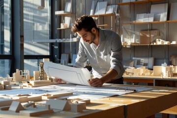 A modern architect meticulously examining a detailed blueprint on a large table, surrounded by architectural models and sketches in a sleek, sunlit office