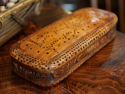 An intricately carved wooden cribbage board with detailed designs, resting on a polished wooden table with a wicker basket of items in the background