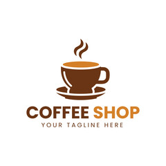 Minimalist Brown and Orange Coffee Cup Logo with Saucer on White Background