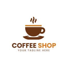 Minimalist Brown and Orange Coffee Cup Logo with Saucer on White Background