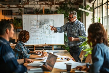 A professional architect presenting a large blueprint to a group of clients in a well-designed office space