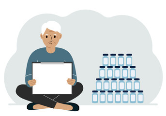 A man holds a clipboard with a blank sheet of paper in his hands. There are many jars of vaccines nearby. Vector flat illustration