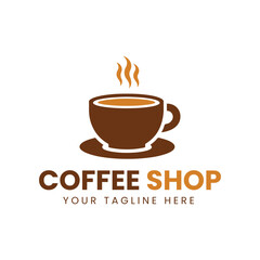 Minimalist Brown and Orange Coffee Cup Logo with Saucer on White Background