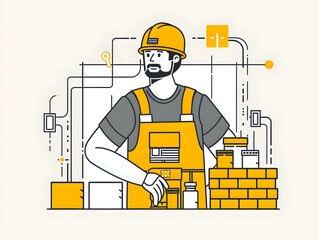 Fototapeta premium Builder laying bricks. Flat design illustration.