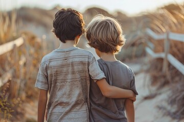 Naklejka premium Two young boys are walking on a path