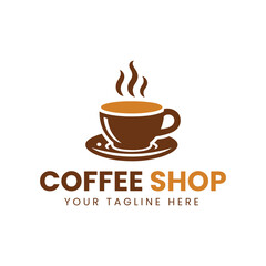 Minimalist Brown and Orange Coffee Cup Logo with Saucer on White Background